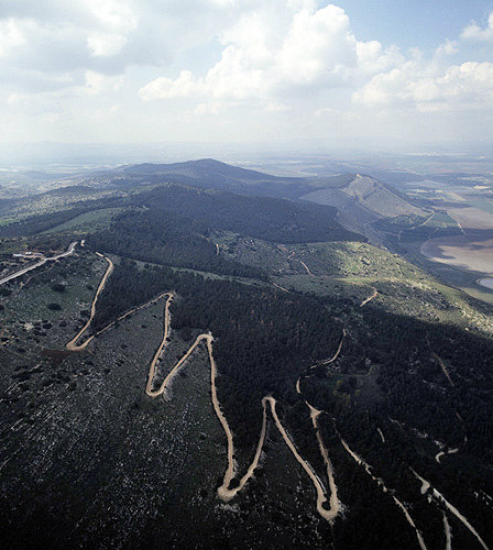 Israel, aerial view of Mount Gilboa showing zigzag road to the summit