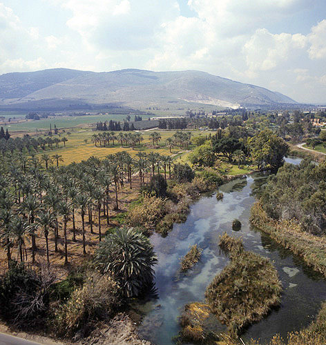 Israel, aerial view of Ein Harod river below Mount Gilboa