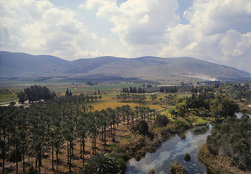 Israel, aerial view of Ein Harod river below Mount Gilboa