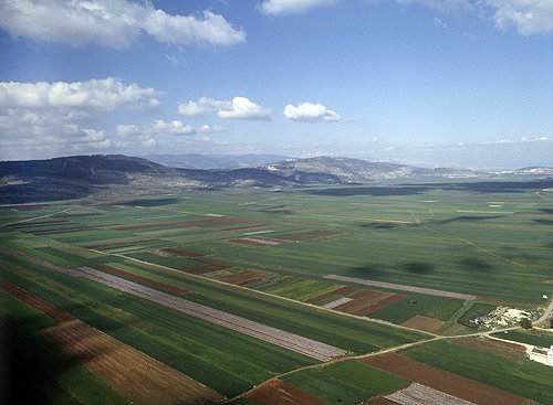 Cultivated fields in Jezreel Valley looking north east, aerial, Israel