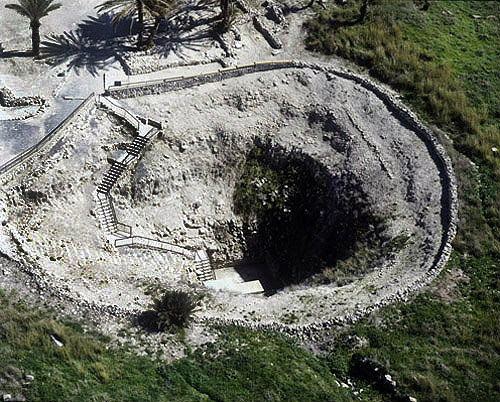 Shaft leading to ninth century BC water tunnel, aerial view, Megiddo, Israel