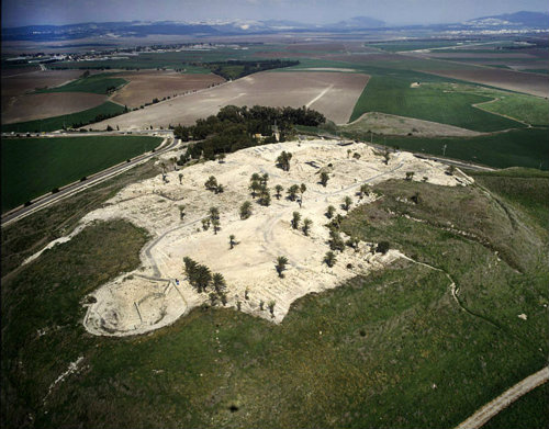 Megiddo, city founded before 3,000 BC, aerial long shot looking north, Israel