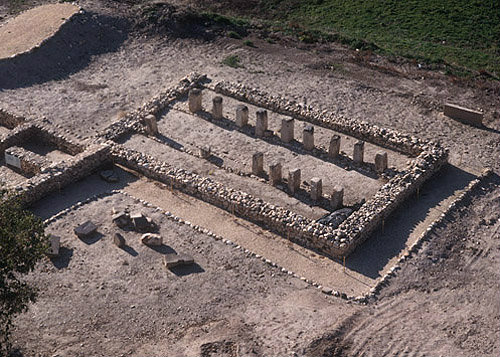 Israel, Hazor Tel, aerial close up of eighth century BC house and pillared building - public storehouse
