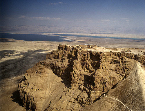 Israel, aerial view of Masada from the west, close up of the Roman ramp