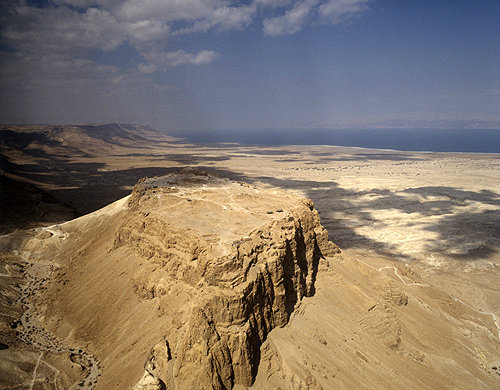 Israel, aerial view of Masada from the south east, Dead Sea beyond