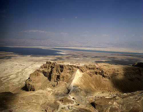 Israel, aerial view of Masada from the west, Roman ramp, Dead Sea and Hills of Moab