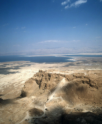 Israel, Masada, aerial view of the ancient fortification on eastern edge of the Judean desert,  from the south west