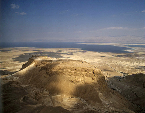 Israel, Masada, aerial view from the south west, ramp highlighted on the left  with Dead Sea behind