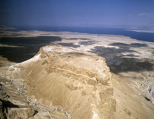 Israel, aerial view of Masada from the south west showing the Roman ramp with the Dead Sea behind