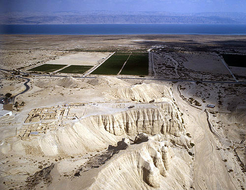 Qumran, aerial view from west, Dead Sea and Hills of Moab beyond, Israel