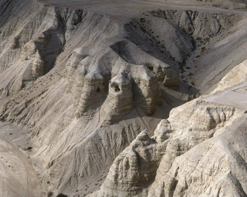 Israel, aerial view of Qumran caves from the south east