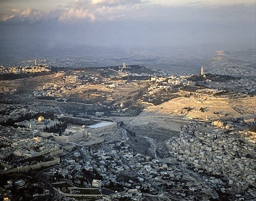 Israel, Jerusalem, aerial from the south west,  City of David in the  foreground, Mount of Olives and the  Tower of the Ascension in the distance