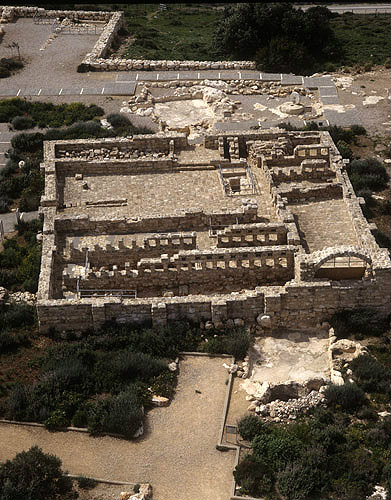 Restored fifth century farm unit, aerial, Ramat Hanadiv, Israel