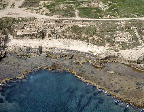 Israel, Dor, aerial view from the west showing excavations