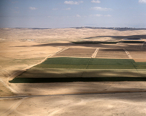 Israel, aerial view of cultivated fields from Tel Aarad, in the Negev
