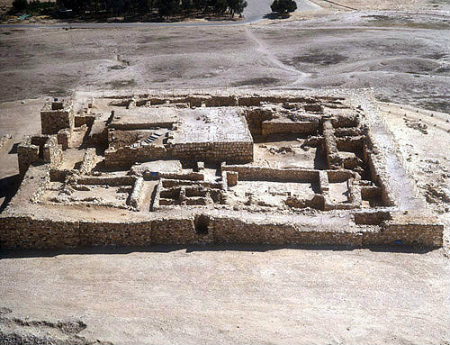 Israel, Tel Arad, aerial close up of citadel and Israelite temple from the north
