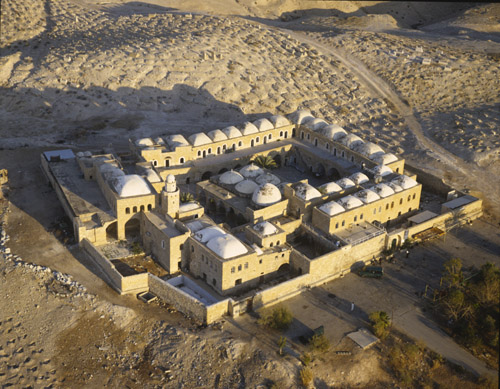 Nebi Musa, aerial view of 13th century Islamic mosque surrounded by Bedouin burial grounds, Judean desert, Palestine