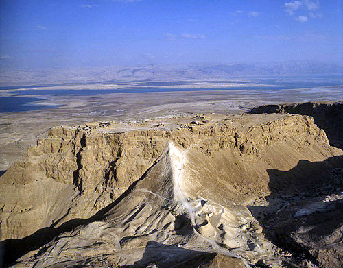 Israel, Masada, aerial view from the west showing the Roman ramp with the Dead Sea beyond