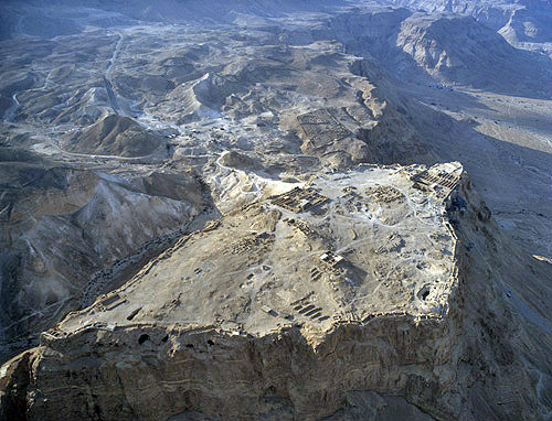 Israel, aerial view of Masada from the Roman Camp beyond