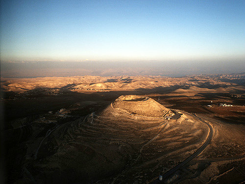 Israel, Herodium,  aerial view from the north west with the Hills of Moab in the background