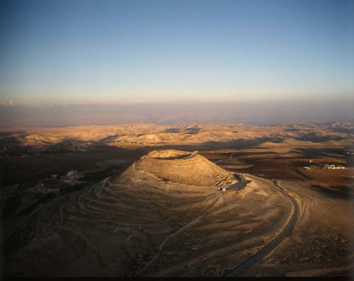 Herodium, aerial view from the north west with the hills of Moab in the background, Israel