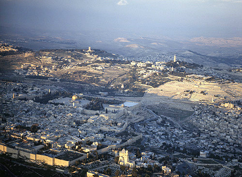 Israel, Jerusalem, aerial view from the south west with Dormition Abbey and the  Al Aqsar mosque, Mary Magdalene Church behind