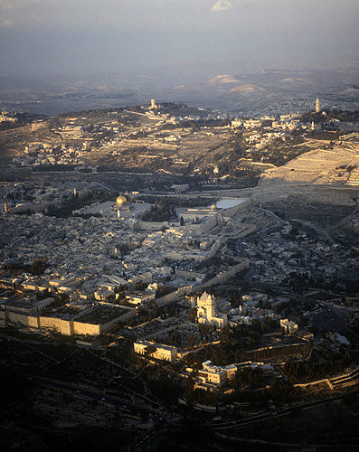Israel, Jerusalem, aerial view from the south west with Dormition Abbey, Dome of the Rock and El Aksa Mosque, Mary Magdalene Church and the Tower of the Ascension