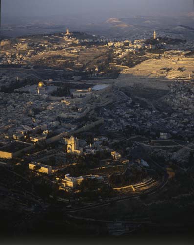 Dormition Abbey, El Aksa Mosque, Mary Magdalene Church and Tower of the Ascension, aerial view from south west, Jerusalem, Israel