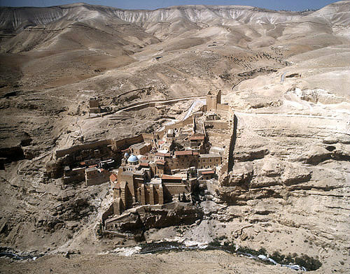 Israel, Mar Saba monastery, Greek Orthodox monastery overlooking Kidron Valley, founded 483 by Saint Sabas of Mutalska, Cappadocia, aerial view from the east