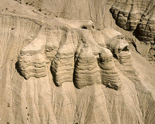 Qumran, aerial view of prehistoric caves where Dead Sea scrolls were found in 1947, Israel