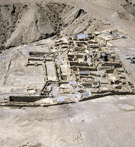 Israel, Qumran, aerial view of excavations of Essene Settlement second century BCE to first century CE,  looking west