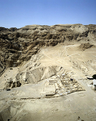 Israel, Qumran, aerial long shot of the excavations of the Essene settlement, second century BCE to first century CE, looking west