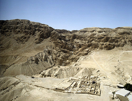 Israel, Qumran, aerial long shot of the excavations of the Essene settlement, second century BCE to  first century CE, looking west