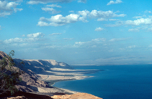 Israel, looking north up the Dead Sea, the Judean foothills on the left and the Hills of Moab on the right
