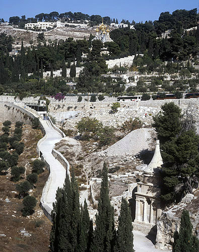 Israel, Jerusalem, the Kidron Valley with Tomb of Absolom and the gold domes of the Church of Mary Magdalene