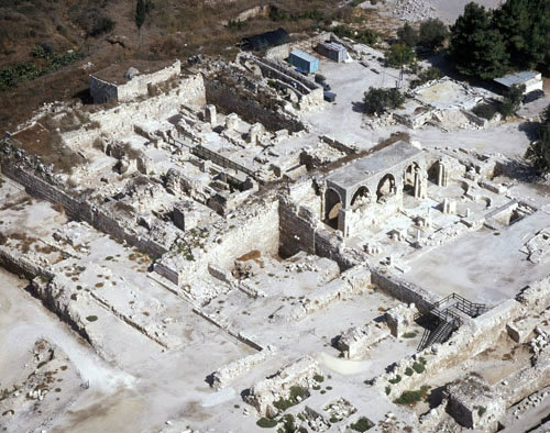 Fortress and church in Northern complex, aerial, Bet Guvrin, Israel