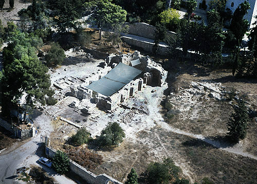 Byzantine basilica, fifth to seventh century, from south west, aerial view, Emmaus, Israel