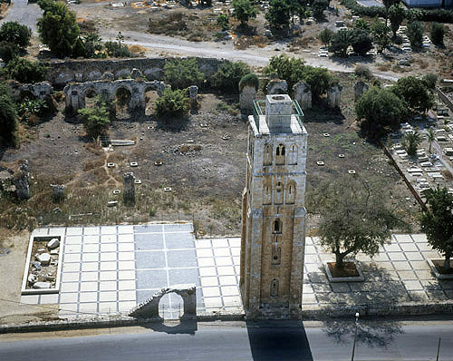 Ramla, aerial view of 30 metre high white tower, once part of Umayyad mosqu,  built 1318 by Mamluk sultan, Muhammad ibn Qalaun, Israel