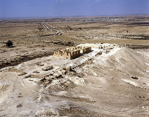 Fortress of Nizzana, fourth century, built by Nabataeans on trade roude, aerial view of fortress from south east, Israel