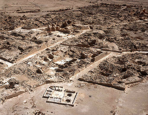 Israel, Shivta, ancient city in the Negev, aerial looking south across winepress to Byzantine north church