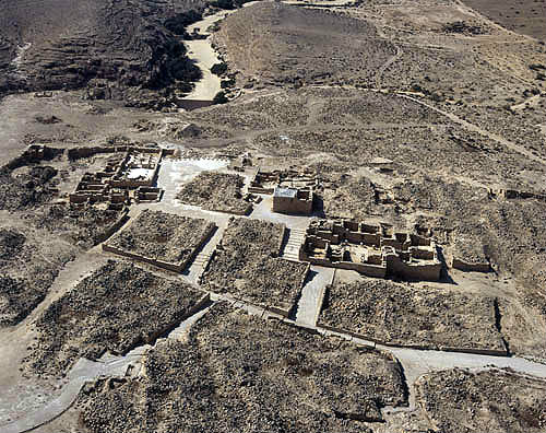 Western church, top left, tower and palace, aerial, from south, Mamshit, Negev, Israel