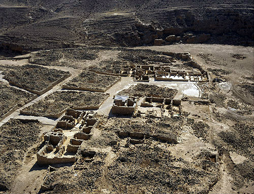 Mamshit, founded by Nabataeans in first century AD, aerial view of ruins of West Church, mansion and tower, Negev, Israel