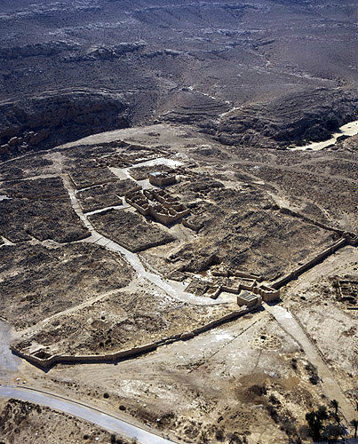 Mamshit, founded by Nabataeans in first century AD, aerial view of main gate in the north mansion, tower and West Church beyond, Negev, Israel
