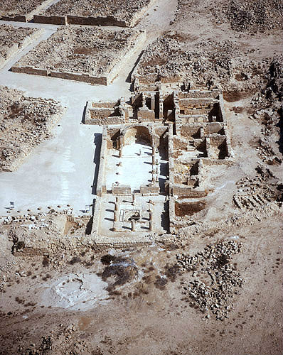 Israel, Mamshit, Nabataean city on incense route, founded in first century BC, aerial view of western church from the west