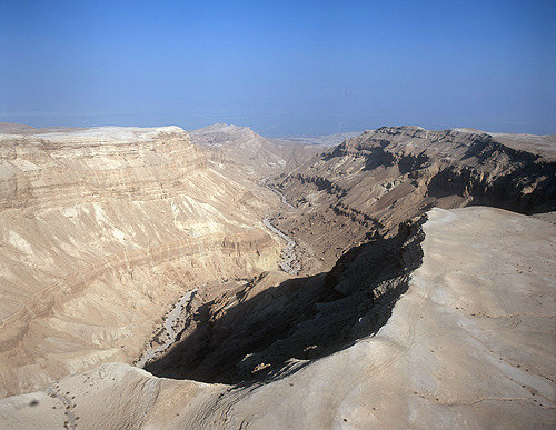 Israel, Nahal Zofar, aerial view of Dead Sea salt pans in the mist