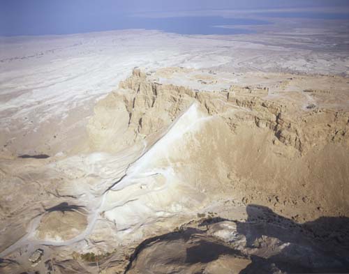Masada and the Roman ramp from the north west, aerial view, Israel