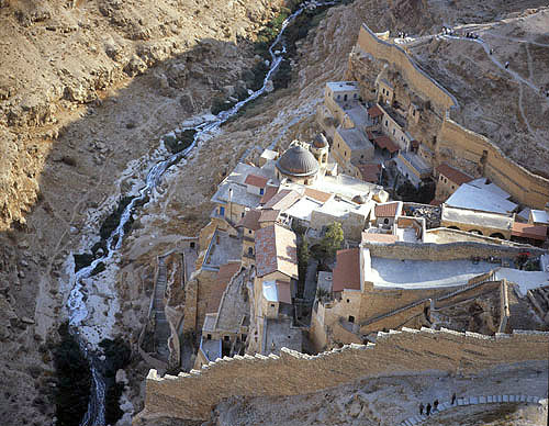 Mar Saba Greek Orthodox Monastery, aerial looking south, Israel