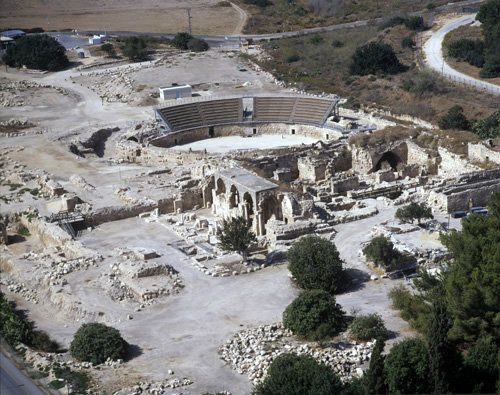 Northern complex amphitheatre,church and fortress, aerial, Bet Guvrin, Israel