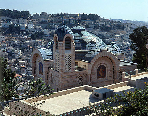 Israel, Jerusalem, looking down on the Church of St Peter in Gallicantu beyond is the Silwan Valley