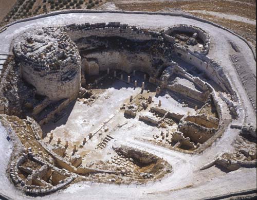 Inside of upper Herodium, the fortress, showing keep, towers and courtyard cistern, aerial view, Herodium, Herodion, (Har Hordos), Israel